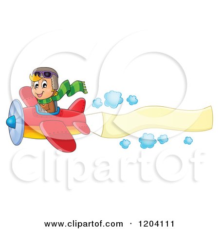 Cartoon of a Happy Boy Pilot Flying a Plane with a Banner - Royalty Free Vector Clipart by visekart
