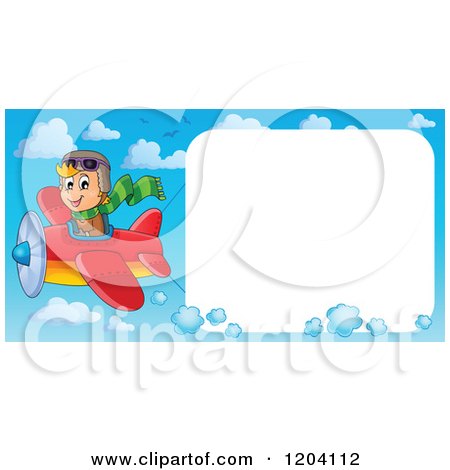 Cartoon of a Happy Boy Pilot Flying a Plane with a Big Sign in the Sky - Royalty Free Vector Clipart by visekart