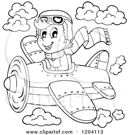 Cartoon of a Black and White Happy Boy Pilot Flying a Plane - Royalty Free Vector Clipart by visekart