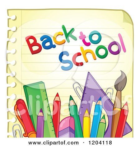 Cartoon of a Back to School Notebook Page with Supplies - Royalty Free Vector Clipart by visekart