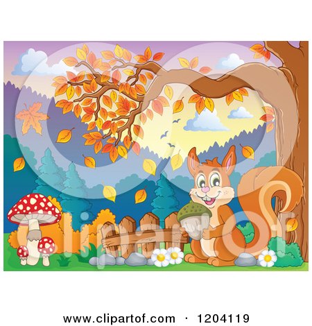 Cartoon of a Happy Squirrel Holding an Acorn Under an Autumn Tree - Royalty Free Vector Clipart by visekart