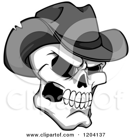 Clipart of a Grayscale Broken Cowboy Skull with a Hat - Royalty Free Vector Illustration by Vector Tradition SM