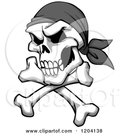 Clipart of a Broken Grayscale Pirate Skull with a Bandana and Crossed Bones - Royalty Free Vector Illustration by Vector Tradition SM