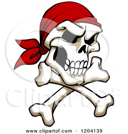 Clipart of a Broken Pirate Skull with a Bandana and Crossed Bones - Royalty Free Vector Illustration by Vector Tradition SM