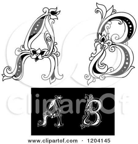Clipart of Vintage Black and White Floral Letters a and B - Royalty Free Vector Illustration by Vector Tradition SM