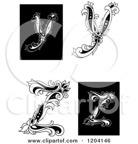 Clipart of Vintage Black and White Floral Letters Y and Z - Royalty Free Vector Illustration by Vector Tradition SM