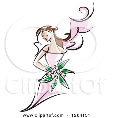 Clipart of a Brunette Bride or Bridesmaid with a Pink Dress and Flowers - Royalty Free Vector Illustration by Vector Tradition SM
