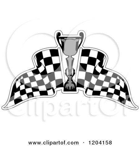 Clipart of a Grayscale Motor Sports Trophy Cup and Checkered Racing Flags 5 - Royalty Free Vector Illustration by Vector Tradition SM