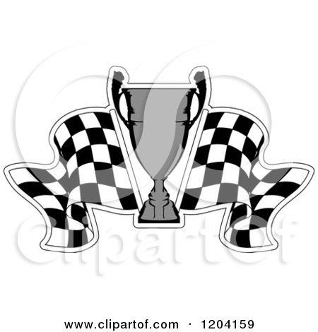Clipart of a Grayscale Motor Sports Trophy Cup and Checkered Racing Flags 6 - Royalty Free Vector Illustration by Vector Tradition SM