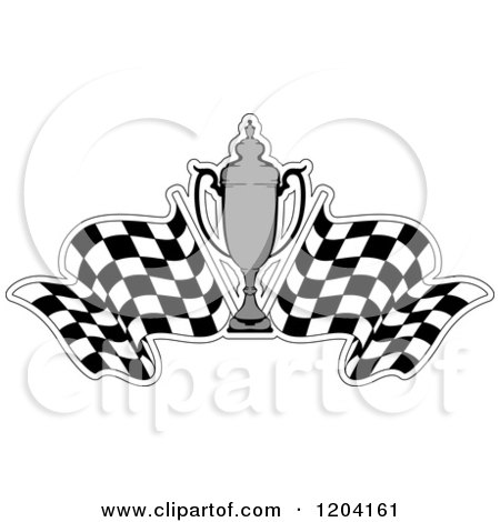 Clipart of a Grayscale Motor Sports Trophy Cup and Checkered Racing Flags 4 - Royalty Free Vector Illustration by Vector Tradition SM