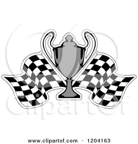 Clipart of a Grayscale Motor Sports Trophy Cup and Checkered Racing Flags - Royalty Free Vector Illustration by Vector Tradition SM