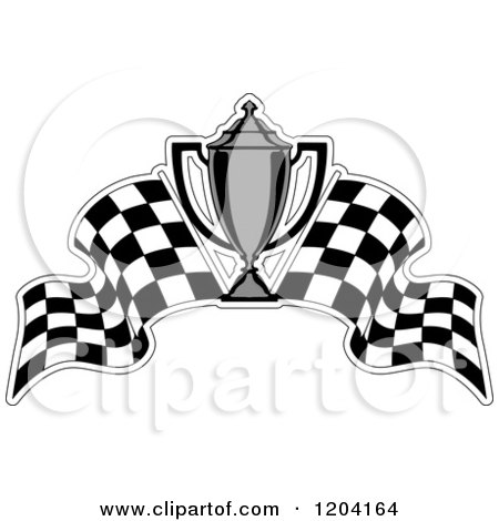 Clipart of a Grayscale Motor Sports Trophy Cup and Checkered Racing Flags 2 - Royalty Free Vector Illustration by Vector Tradition SM