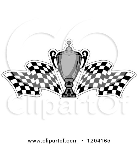 Clipart of a Grayscale Motor Sports Trophy Cup and Checkered Racing Flags 3 - Royalty Free Vector Illustration by Vector Tradition SM