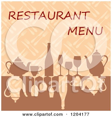 Clipart of a Restaurant Menu Cover Design with Glasses Wine and Teapots - Royalty Free Vector Illustration by Vector Tradition SM