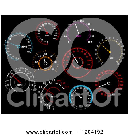 Clipart of Illuminated Speedometers on Black - Royalty Free Vector Illustration by Vector Tradition SM