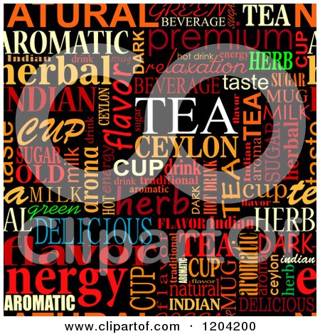 Clipart of a Seamless Colorful Tea Word Collage on Black - Royalty Free Vector Illustration by Vector Tradition SM