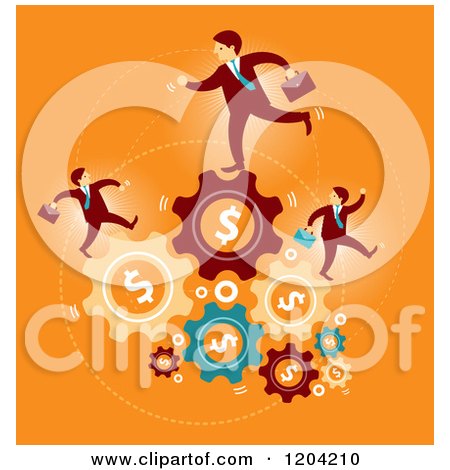 Cartoon of Businessmen Running on Dollar Gears over Orange - Royalty Free Vector Clipart by Qiun