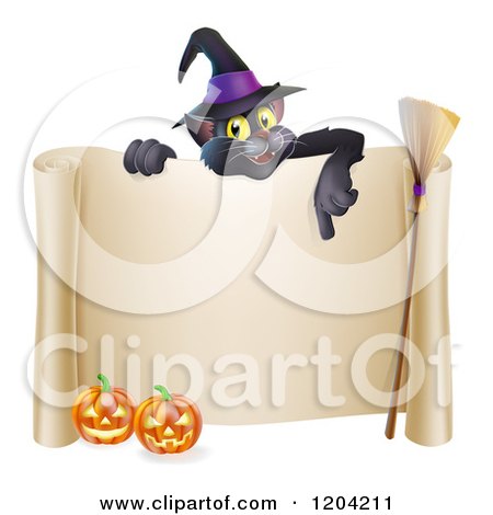 Cartoon of a Black Cat Wearing a Witch Hat and Pointing down at a Halloween Sign with Pumpkins and a Broomstick - Royalty Free Vector Clipart by AtStockIllustration