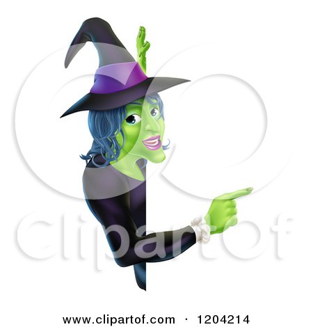 Cartoon of a Green Halloween Witch Pointing to a Sign - Royalty Free Vector Clipart by AtStockIllustration