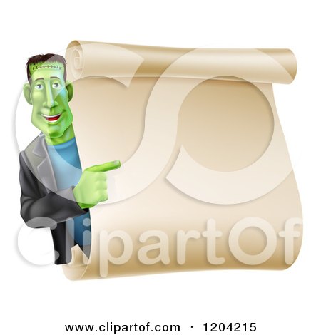 Cartoon of a Happy Frankenstein Pointing to a Blank Scroll Sign or Invitation - Royalty Free Vector Clipart by AtStockIllustration