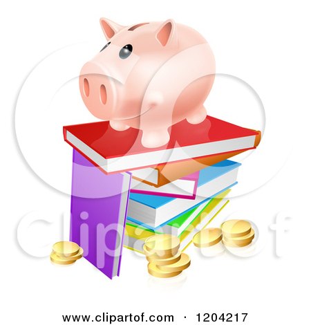 Cartoon of a Happy Piggy Bank on a Stack of Books over Coins - Royalty Free Vector Clipart by AtStockIllustration