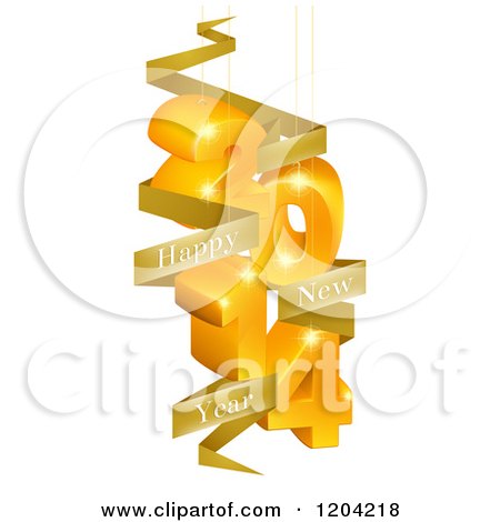 Clipart of a Golden 3d Year 2014 Suspended with Happy New Year Banners - Royalty Free Vector Illustration by AtStockIllustration