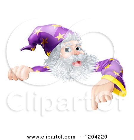 Cartoon of a Happy Gray Bearded Wizard Pointing down at a Sign - Royalty Free Vector Clipart by AtStockIllustration