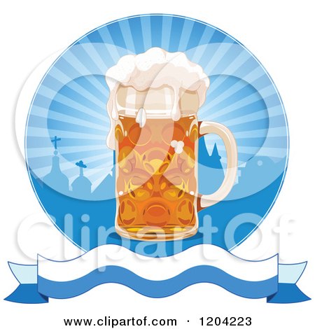 Cartoon of an Oktoberfest Beer Mug over Silhouetted Roof Tops Rays and a Banner - Royalty Free Vector Clipart by Pushkin