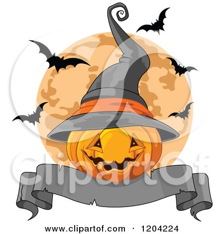 Cartoon of a Halloween Jackolantern Pumpkin with a Witch Hat Banner and Bats over a Full Moon - Royalty Free Vector Clipart by Pushkin