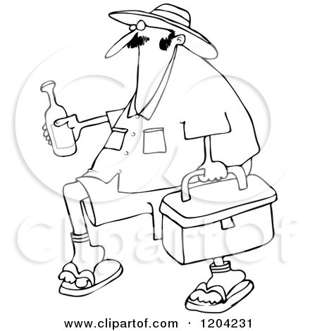 Cartoon of an Outlined Panama Joe Man Carrying a Cooler and Beer - Royalty Free Vector Clipart by djart