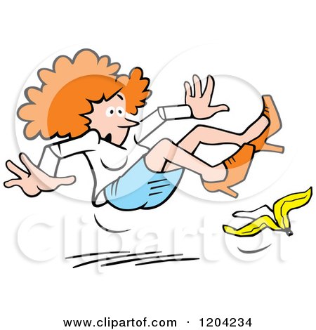 Cartoon of a Red Haired Woman Slipping on a Banana Peel - Royalty Free Vector Clipart by Johnny Sajem