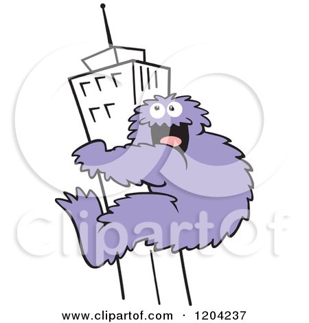 Cartoon of a Purple Bigfoot Climbing a Skyscraper Building - Royalty Free Vector Clipart by Johnny Sajem