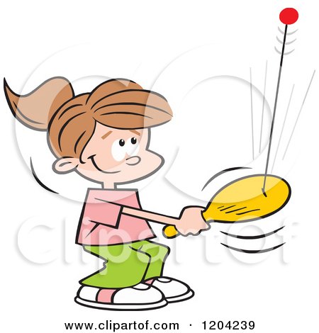 Cartoon of  Girl Playing with a Bolo Bat - Royalty Free Vector Clipart by Johnny Sajem