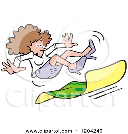 Cartoon of a Brunette Woman Slipping on a Carpet - Royalty Free Vector Clipart by Johnny Sajem