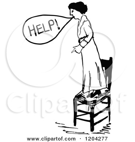 Clipart of a Vintage Black and White Woman Standing on a Chair and Calling for Help - Royalty Free Vector Illustration by Prawny Vintage