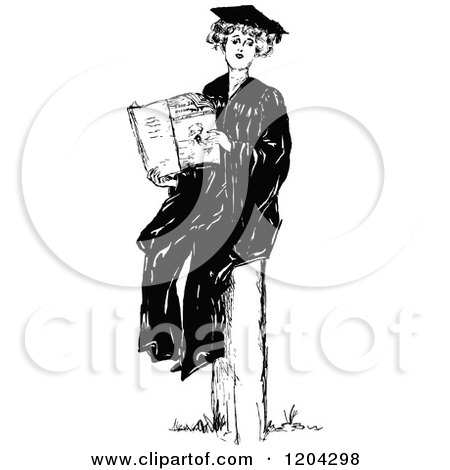 Clipart of a Vintage Black and White Female Graduate - Royalty Free Vector Illustration by Prawny Vintage
