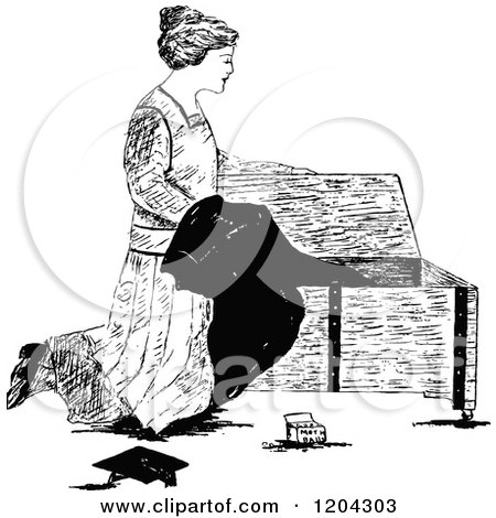 Clipart of a Vintage Black and White Woman Pulling a Graduation Gown from a Chest - Royalty Free Vector Illustration by Prawny Vintage