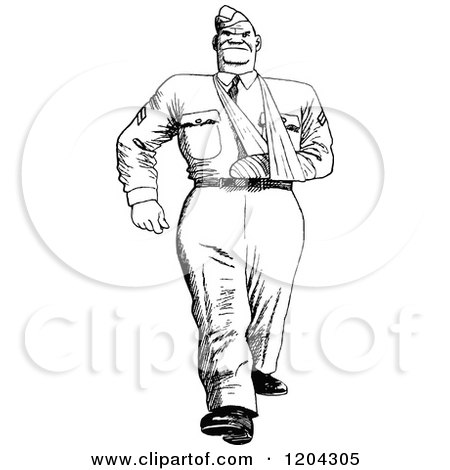 Cartoon of a Vintage Black and White Injured Soldier - Royalty Free Vector Clipart by Prawny Vintage