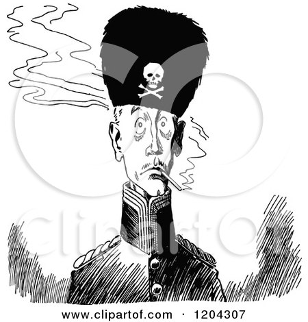 Clipart of a Vintage Black and White Soldier Wearing a Fluffy Pirate Hat - Royalty Free Vector Illustration by Prawny Vintage