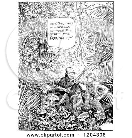 Cartoon of Vintage Black and White Soldiers Talking About Poison Ivy in a Jungle - Royalty Free Vector Clipart by Prawny Vintage