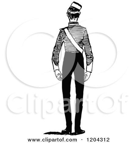 Clipart of a Vintage Black and White Rear View of a Cadet - Royalty Free Vector Illustration by Prawny Vintage
