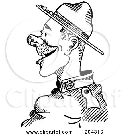 Clipart of a Vintage Black and White Happy Soldier - Royalty Free Vector Illustration by Prawny Vintage