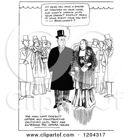 Clipart of a Vintage Black and White Husband Complimenting His Wife - Royalty Free Vector Illustration by Prawny Vintage