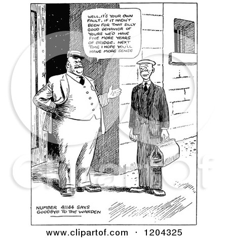 Cartoon of a Vintage Black and White Prisoner Saying Goodbye to the Warden - Royalty Free Vector Clipart by Prawny Vintage