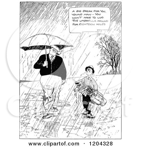 Cartoon of a Vintage Black and White Man and Boy Carrying Golf Clubs in the Rain - Royalty Free Vector Clipart by Prawny Vintage
