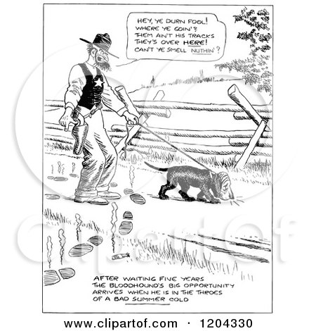 Cartoon of a Vintage Black and White Sheriff and Bloodhound Not Following Tracks - Royalty Free Vector Clipart by Prawny Vintage