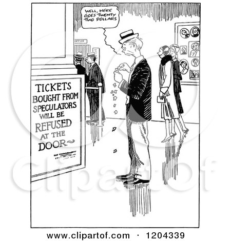 Cartoon of a Vintage Black and White Man Having to Purchase Ligitimate Tickets - Royalty Free Vector Clipart by Prawny Vintage