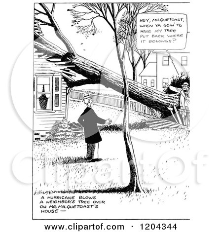 Cartoon of Vintage Black and White Neighbors Talking over a Fallen Tree - Royalty Free Vector Clipart by Prawny Vintage