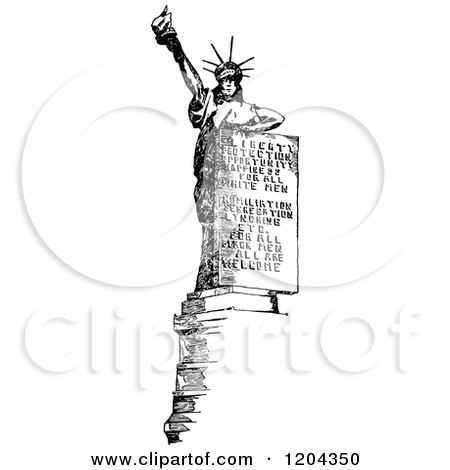 Cartoon of a Vintage Black and White Statue of Liberty with American ...