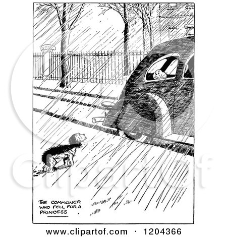 Cartoon of a Vintage Black and White Homeless Dog Watching a Spoiled Dog in a Car - Royalty Free Vector Clipart by Prawny Vintage